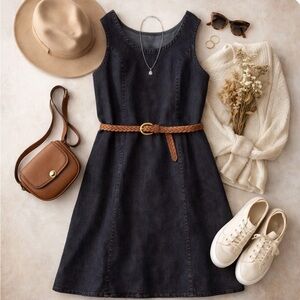 Classic minimalist dark wash denim A-line dress effortless everyday layering